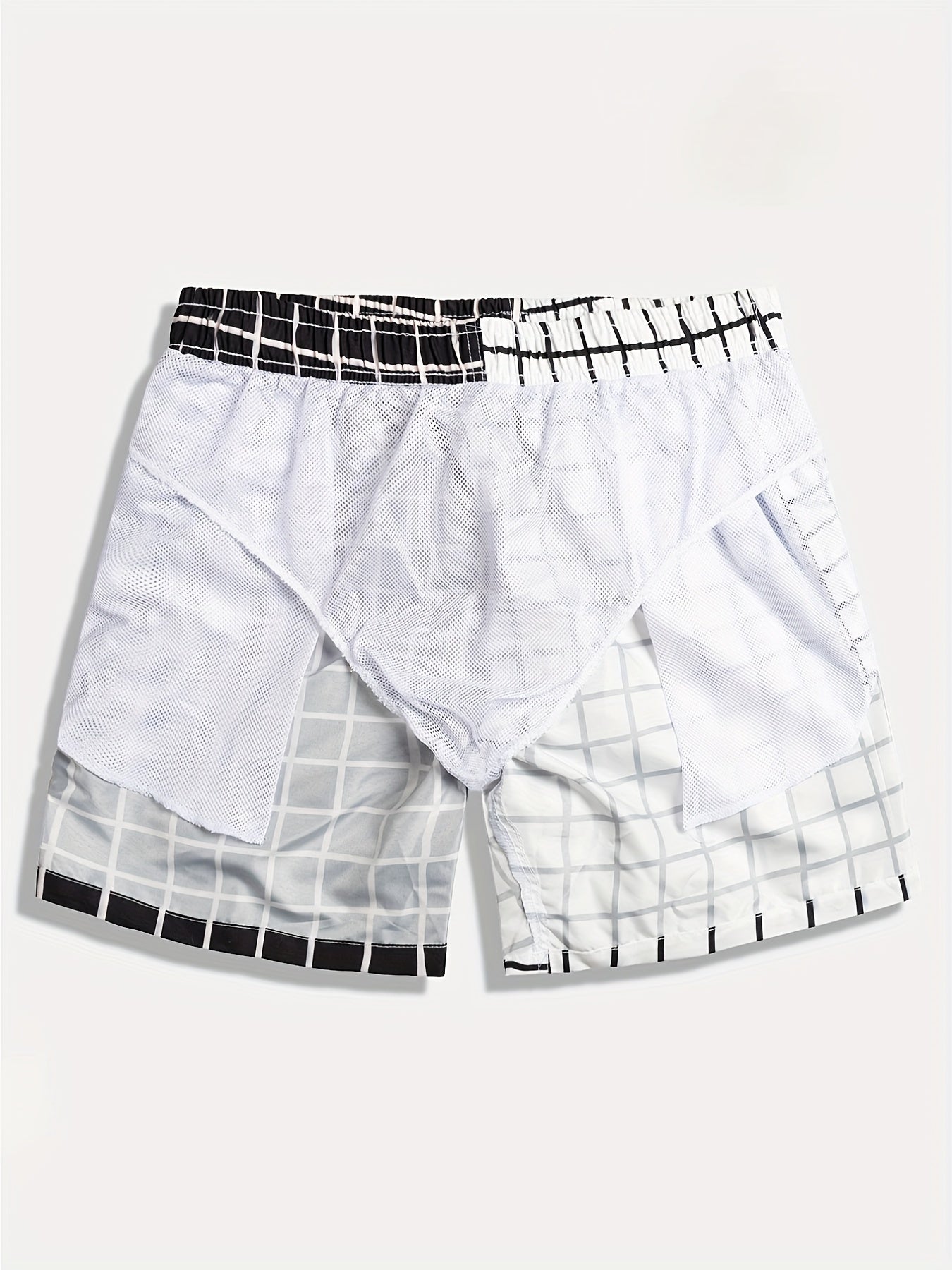 Men's Plaid Pattern Swim Trunk Mesh Lining Drawstring Swimwear Pants
