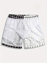 Men's Plaid Pattern Swim Trunk Mesh Lining Drawstring Swimwear Pants