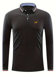 Men's Lion Print Long Sleeve Polo Shirt Casual Stretch Button Up Top