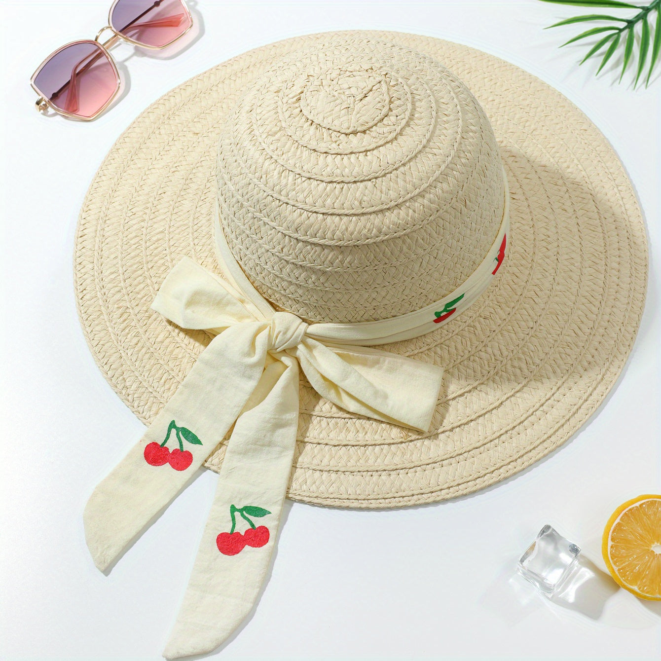 Beige Straw Sun Hat Cherry Print Ribbon Bowknot UV Protection