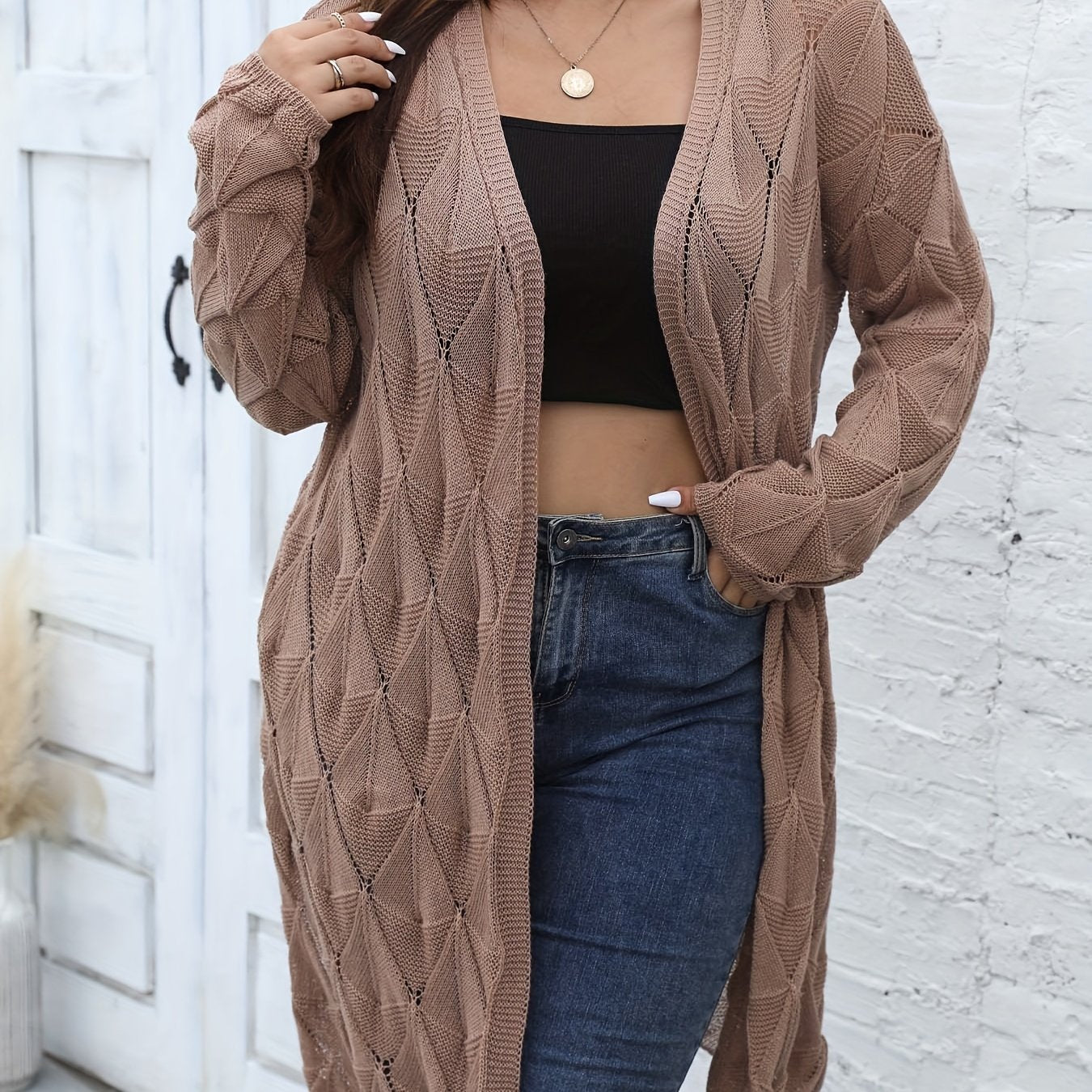  Hollow Out Open Front Long Sleeve Knit Cardigan Sweater