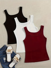 3 Pack Plus Size Basic Tank Top Set Women's Plus Solid Ribbed Round Neck