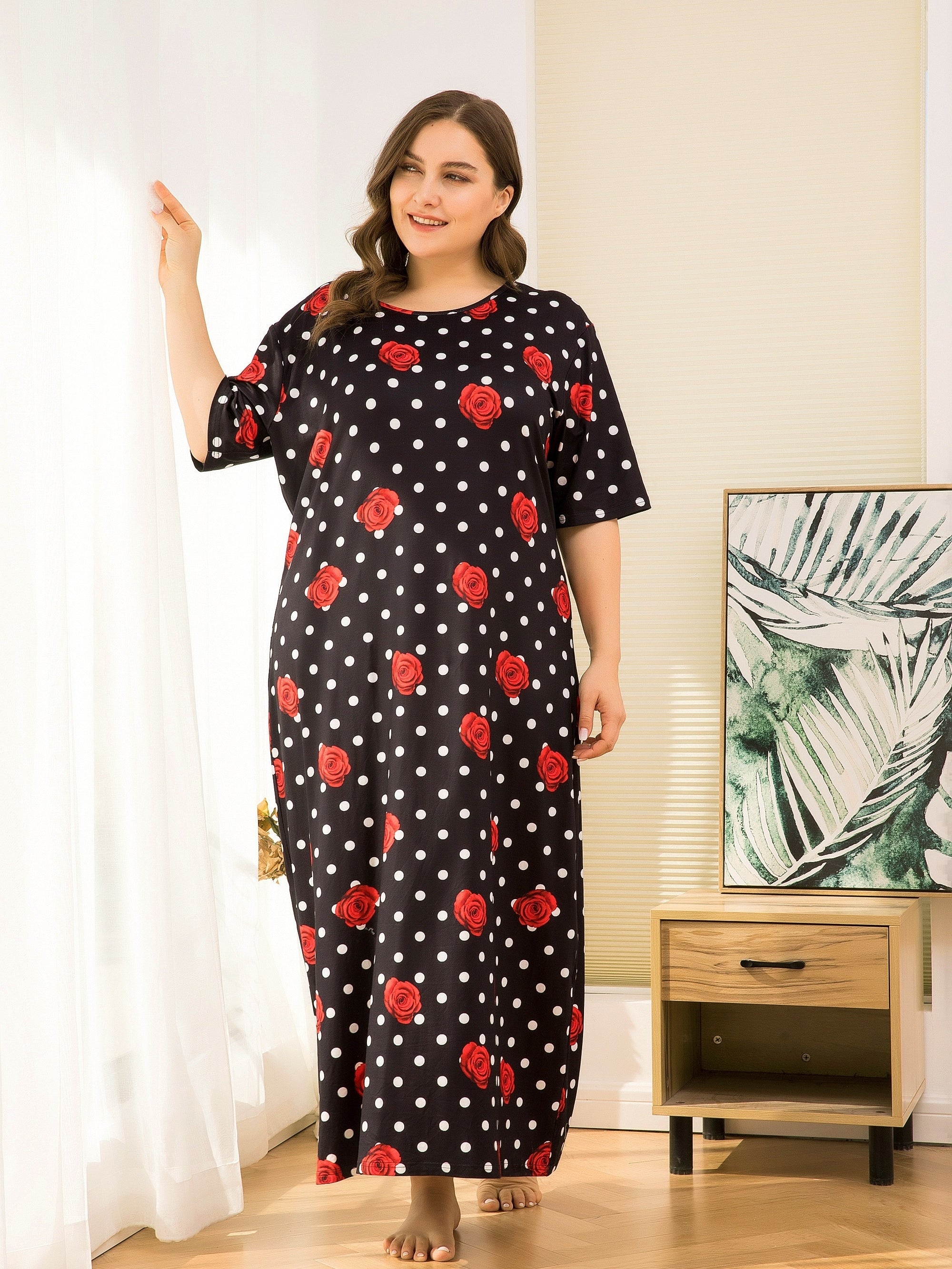  Nightdress: Rose & Dot Print Round Neck Sleep Dress