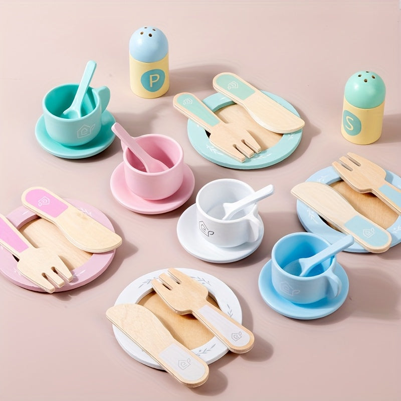 Wooden Play Kitchen Utensil Set Cups Dishes Knives Forks Spoons Educational Toy