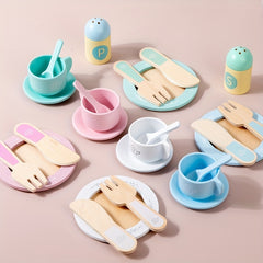 Wooden Play Kitchen Utensil Set Cups Dishes Knives Forks Spoons Educational Toy