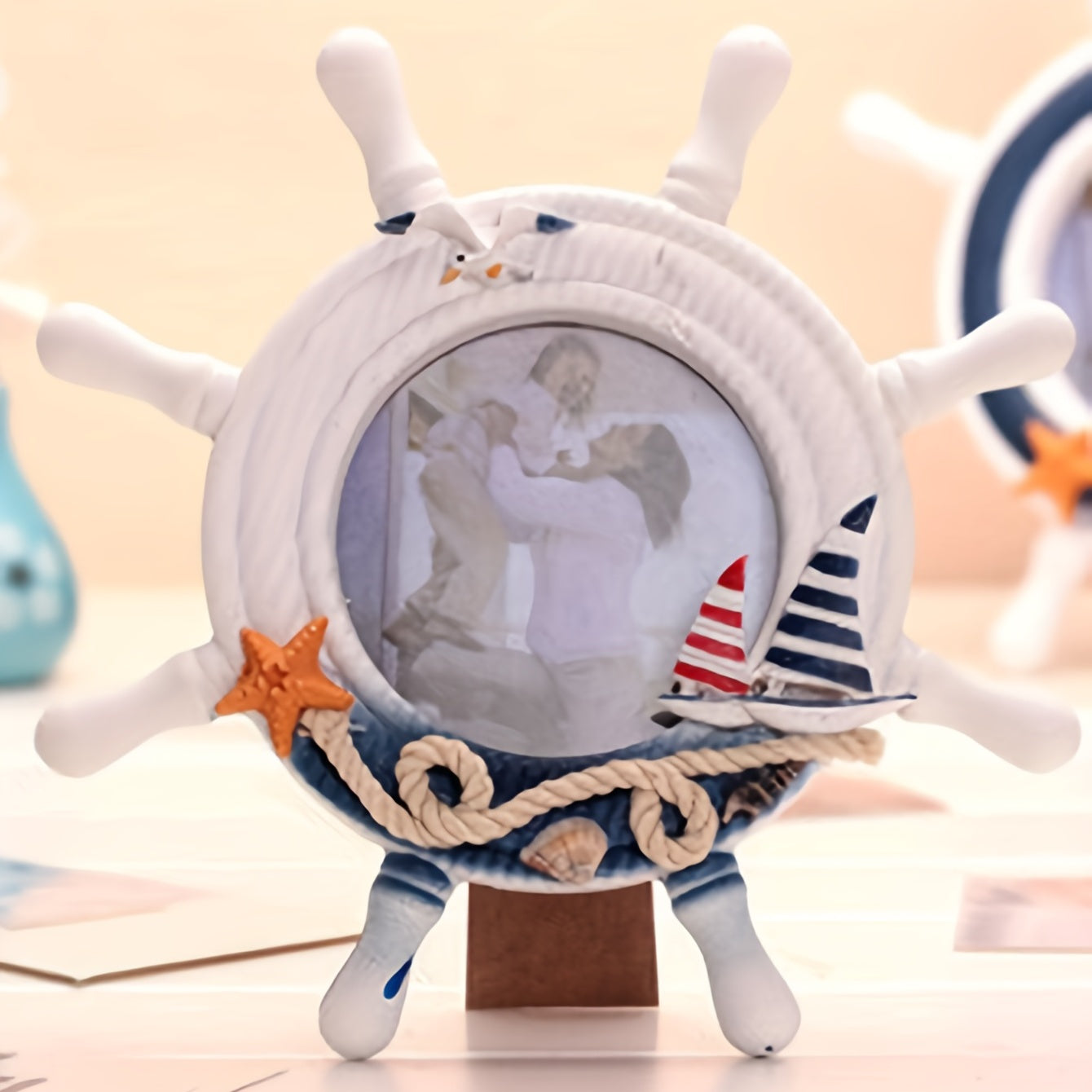Handcrafted Wooden Helmsman Photo Frame Desktop Decoration