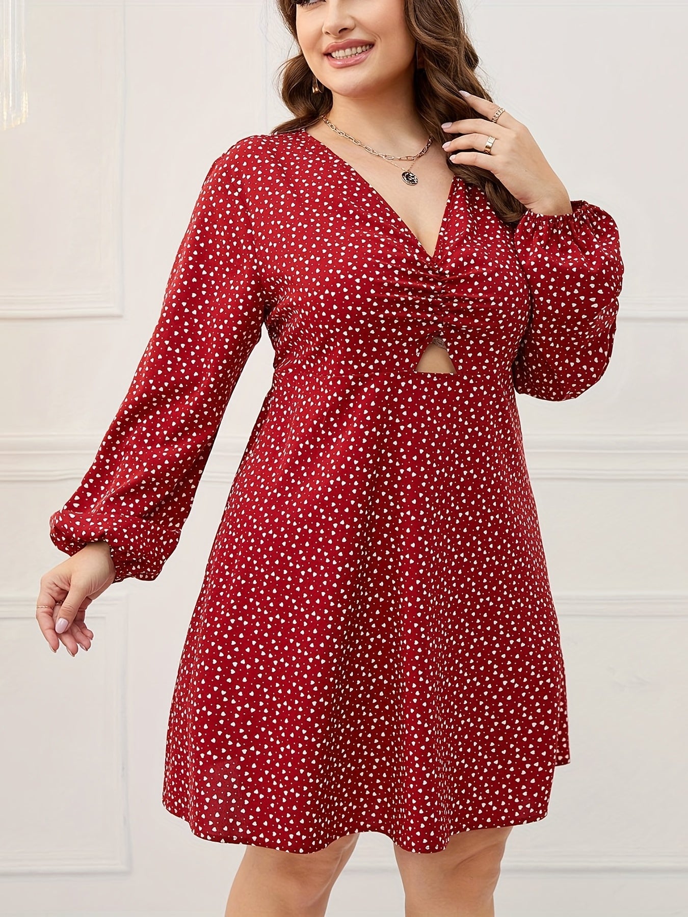  Heart Print Lantern Sleeve Dress