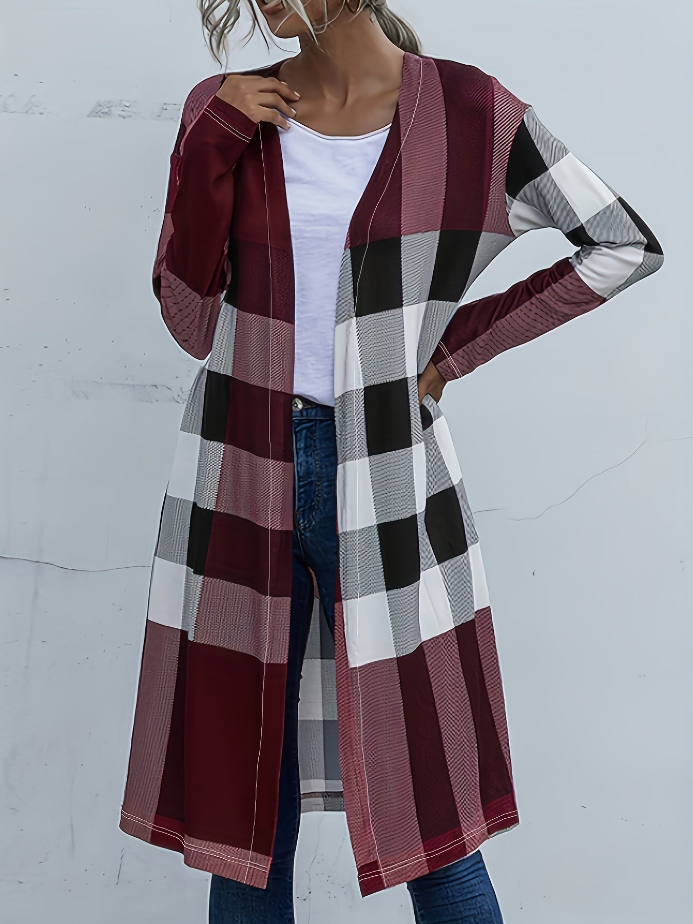  Colorblock Gingham Print Open Front Cardigan