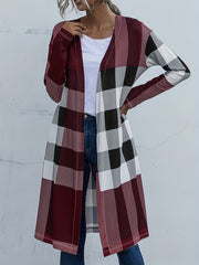  Colorblock Gingham Print Open Front Cardigan
