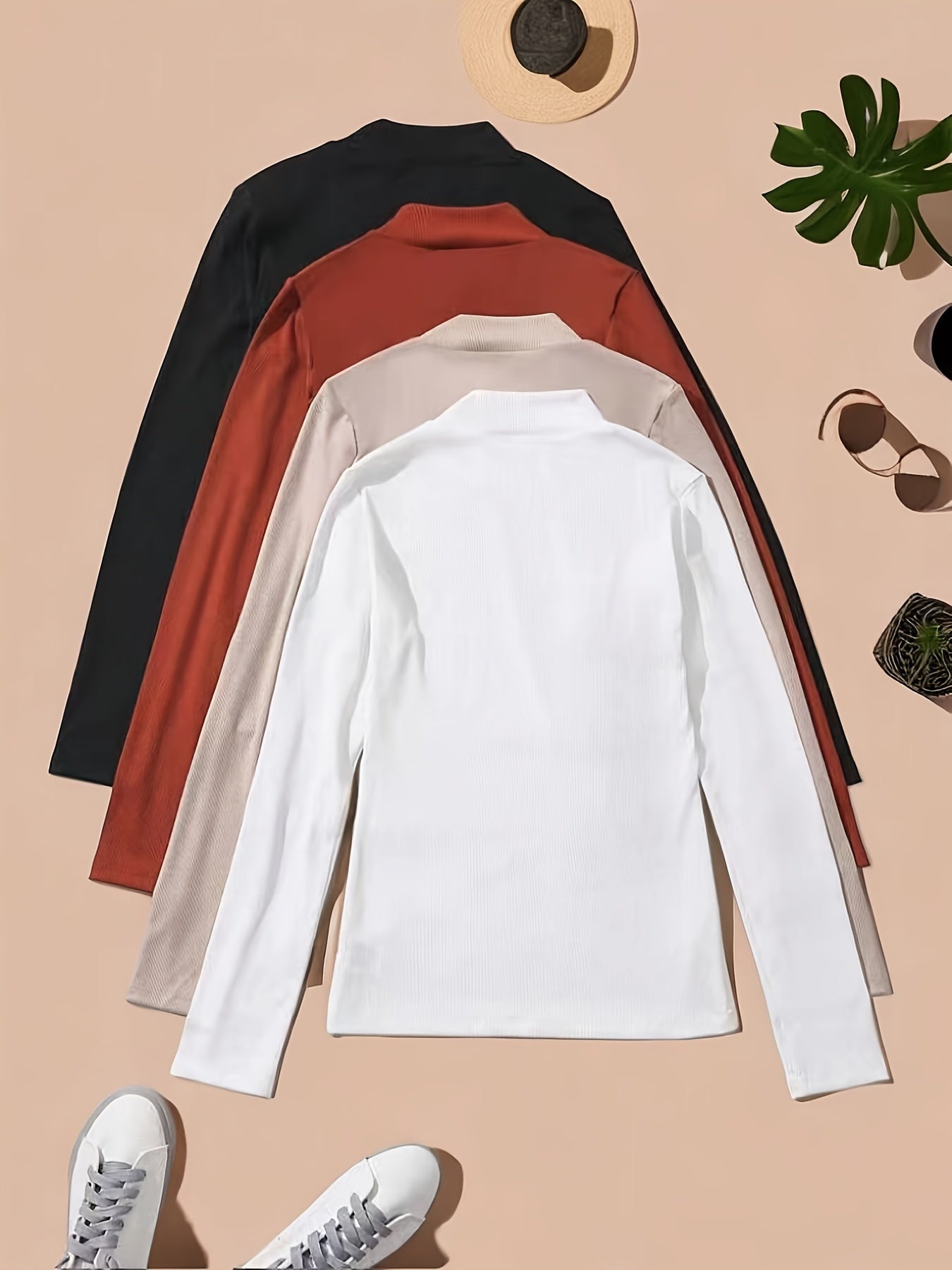 4 Pcs Ribbed Lounge Tops Long Sleeve Crew Neck Women's Loungewear