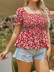  Floral Print Puff Sleeve Peplum Top