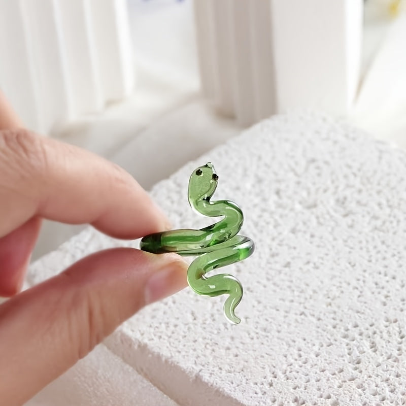 Green Snake Shaped Glass Ring Handcrafted Artistic Accessory Birthstone Jewelry