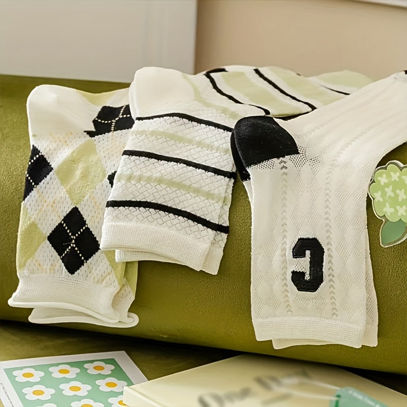3 Pairs Letter Embroidery Mesh Socks Women's Mid Tube Stockings
