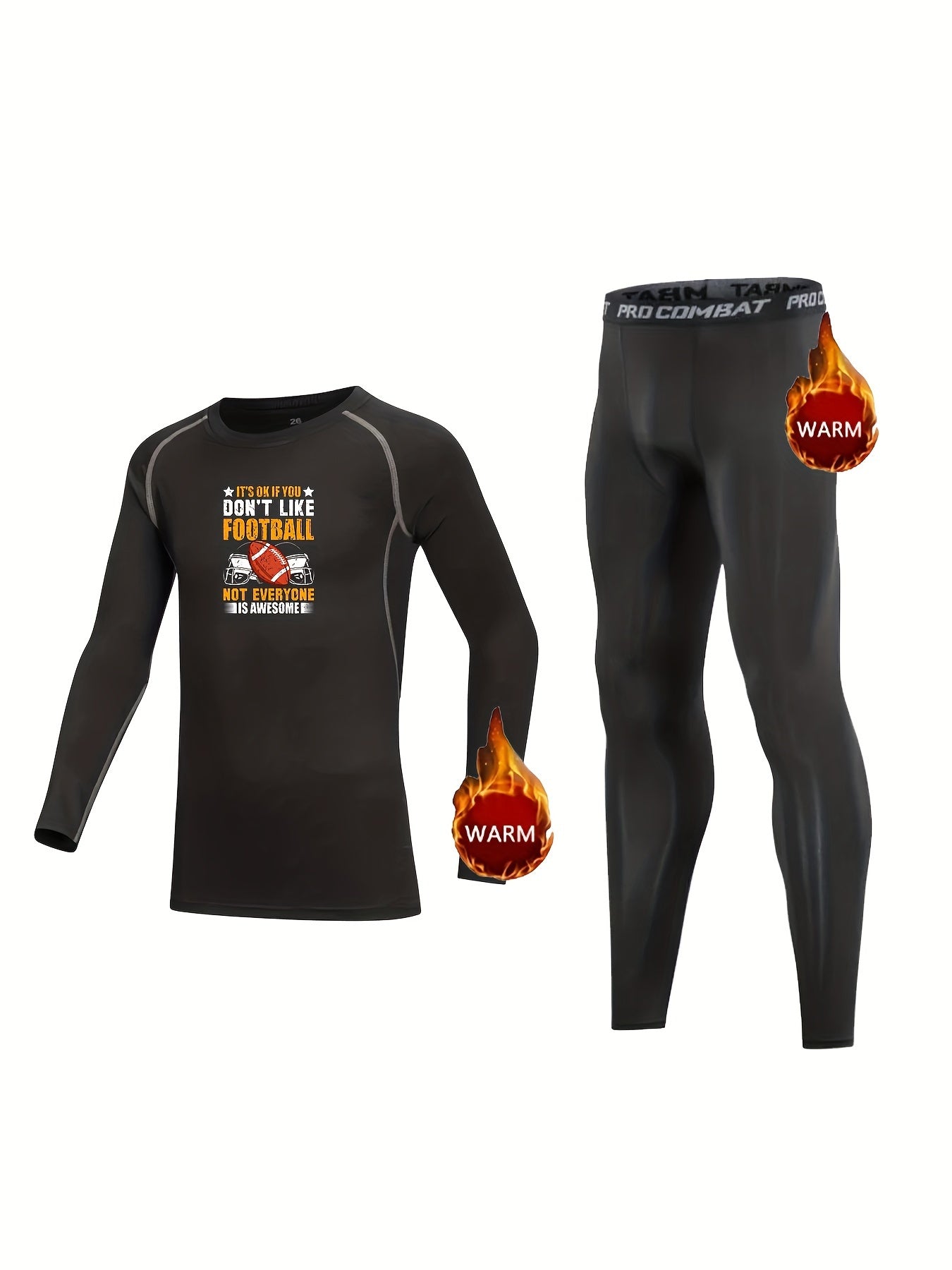 Kids Compression Fleece Sets Football Pattern Crew Neck Pullover Matching Pants