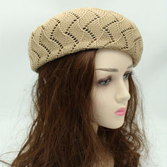 Striped Knitted Beret Beige Vintage Painter Cap Octagonal Hat