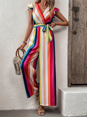 Rainbow Striped Wide Leg Jumpsuit Casual Flutter Sleeve Jumpsuit
