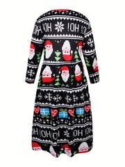 Santa Claus Print Half Sleeve Round Neck Stretch Maxi Dress