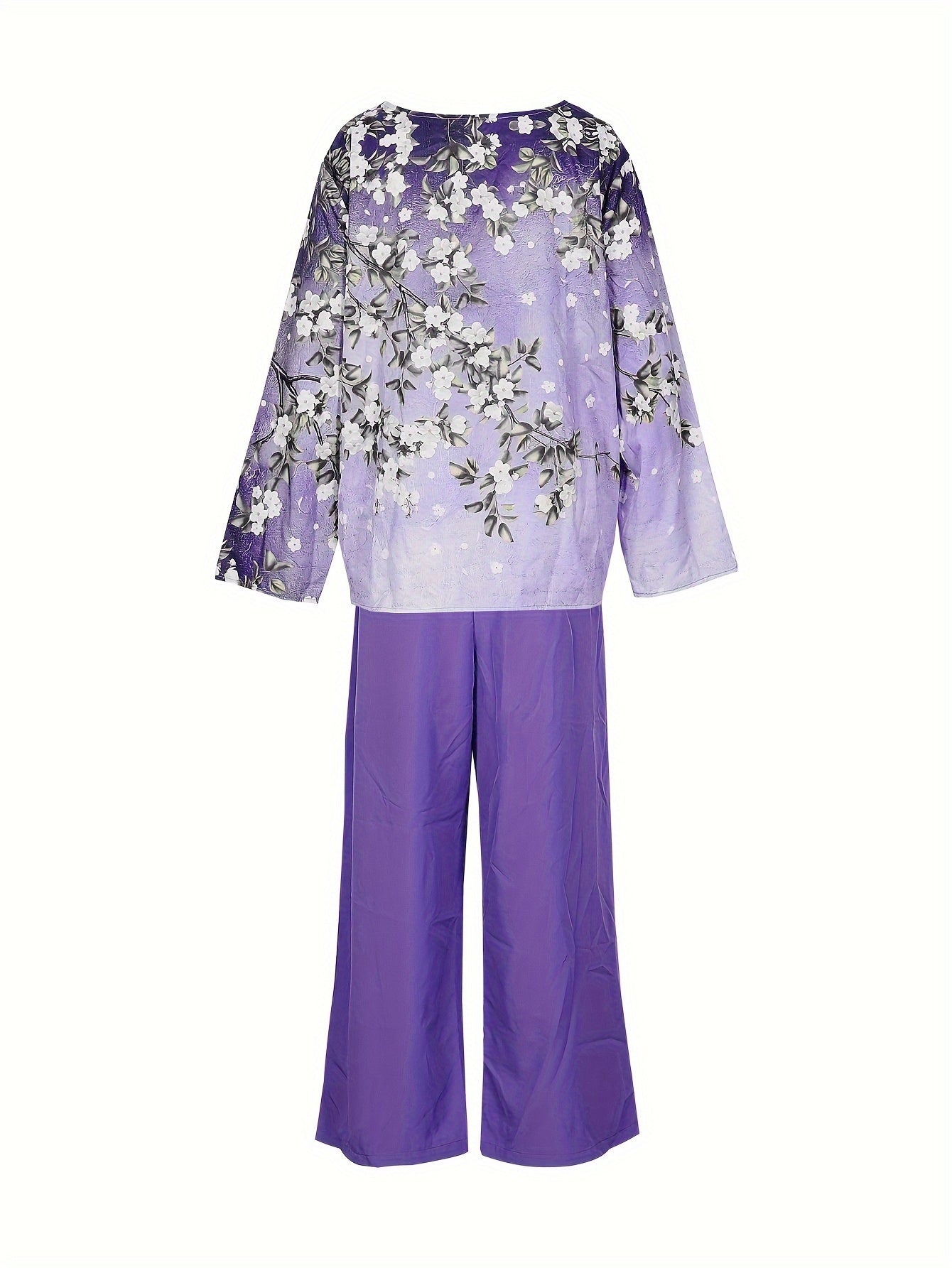 Women's Plus Floral Print Long Sleeve Round Neck Top & Loose Pants Outfit Set