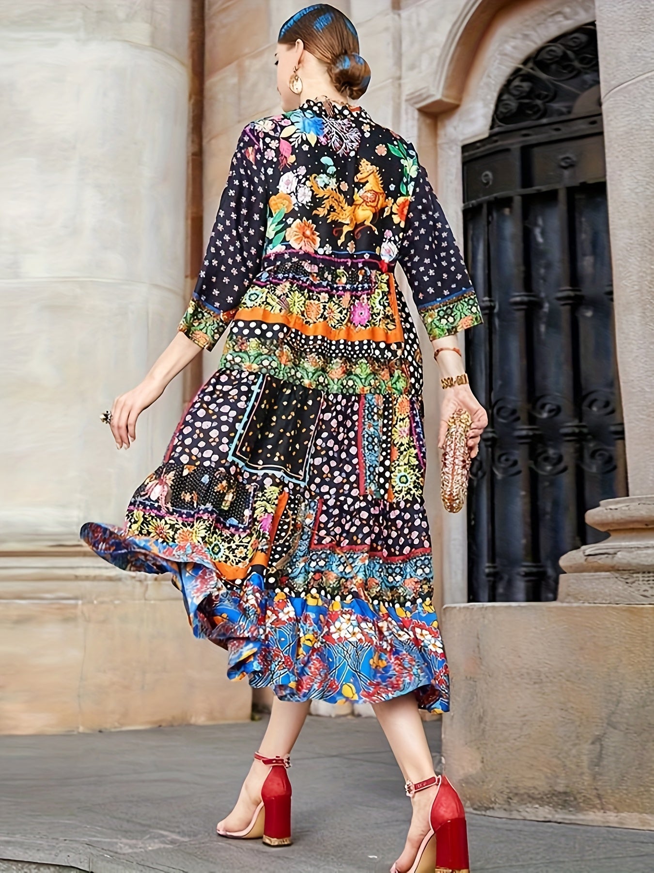  Boho Dress Womens Printed V Neck Midi Dress
