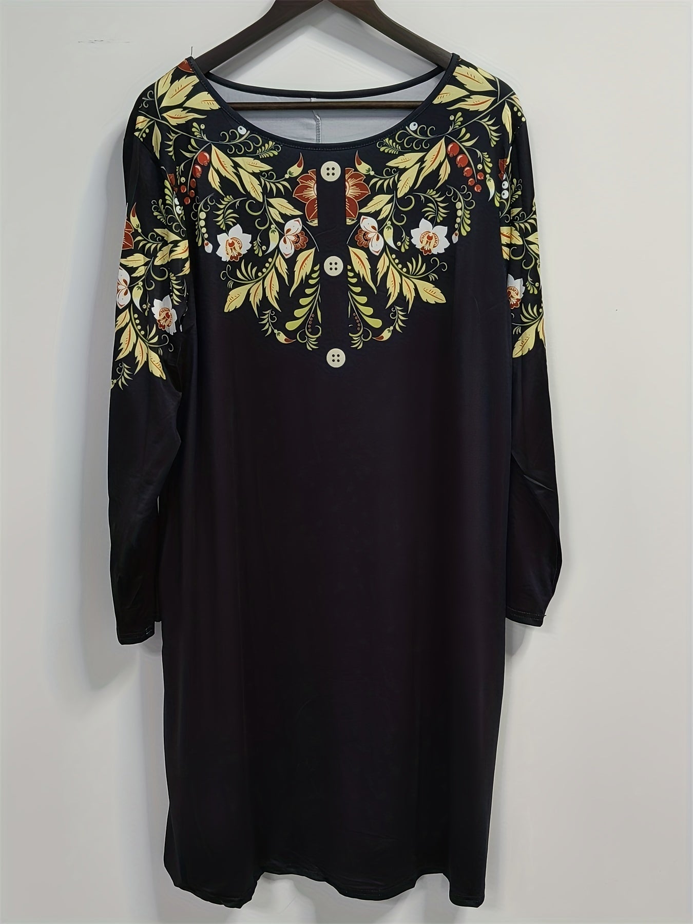 Floral Print Button Decor Long Sleeve Midi Dress