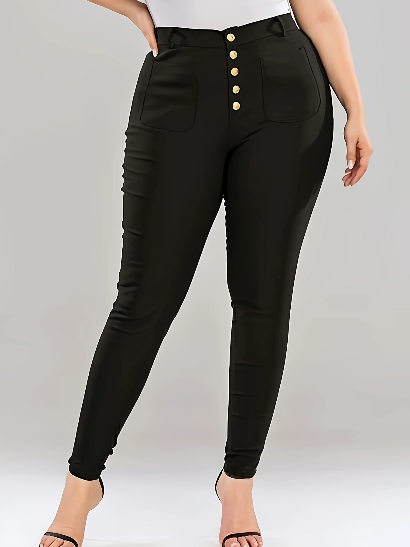 Solid High Waisted Button Skinny Pants Plus Size