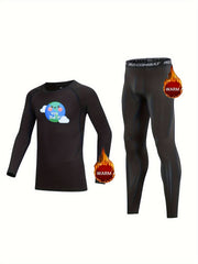 Kids Compression Fleece Sets Cartoon Pattern Crew Neck Pullover & Matching Pants