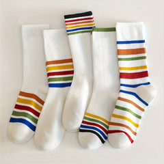 5 Pairs Rainbow Striped Socks Comfy & Mid Tube Women's Stockings Hosiery