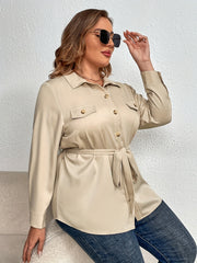  Solid Button Up Long Sleeve Blouse With Belt