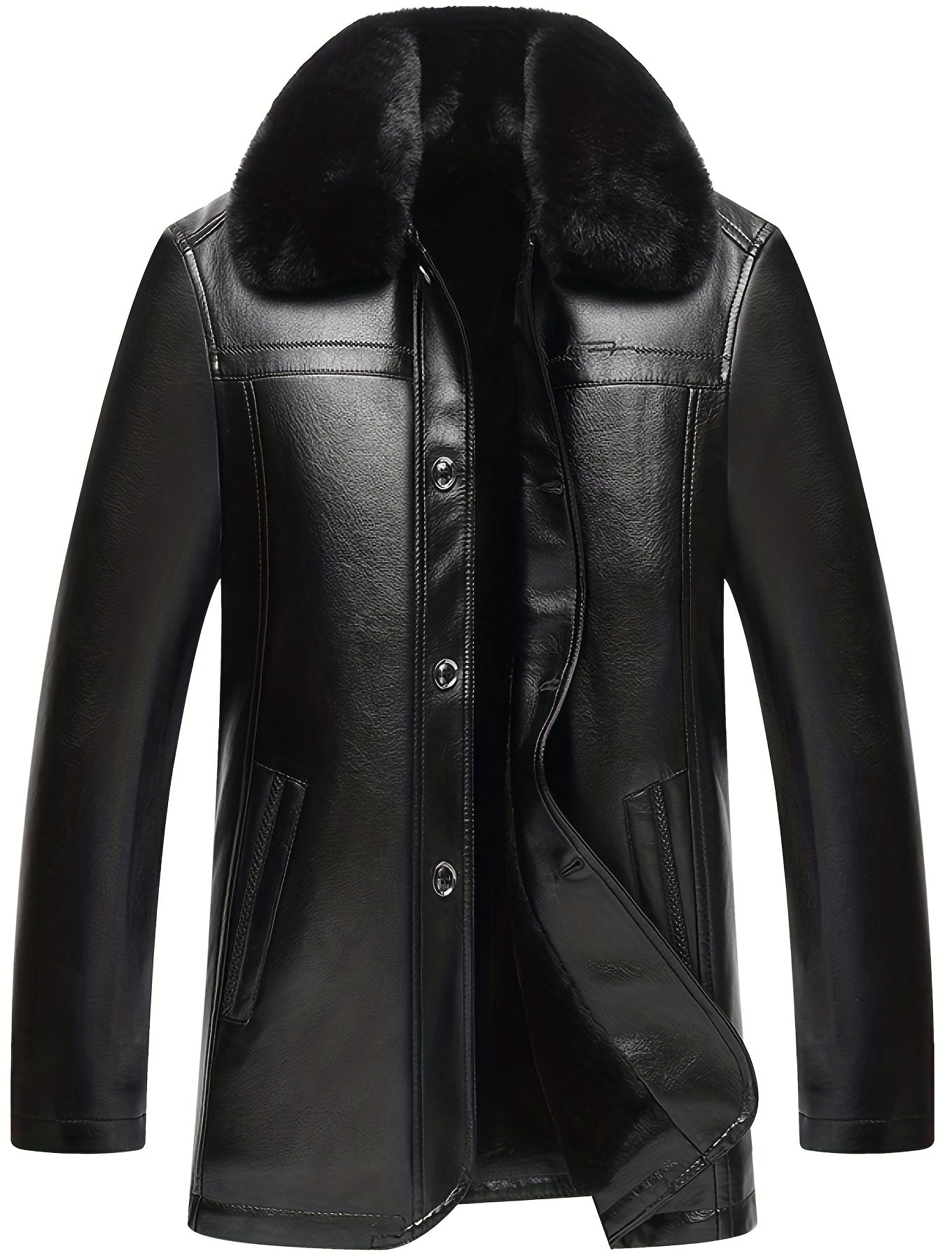 Men's Fleece PU Leather Jacket Button Up Fur Collar Warm Winter Coat