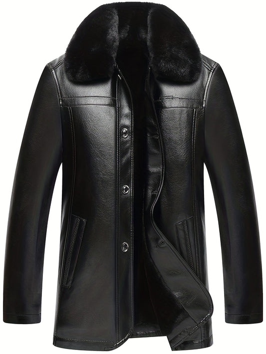 Men's Fleece PU Leather Jacket Button Up Fur Collar Warm Winter Coat