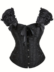 Ruffle Corset Bustier Front Buckle Lace Up Puff Sleeve Body Shaper