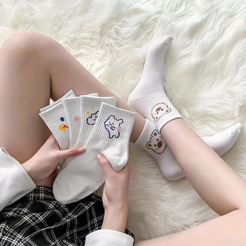 5 Pairs Cute Cartoon Print Socks Soft Mid Tube Women's Stockings
