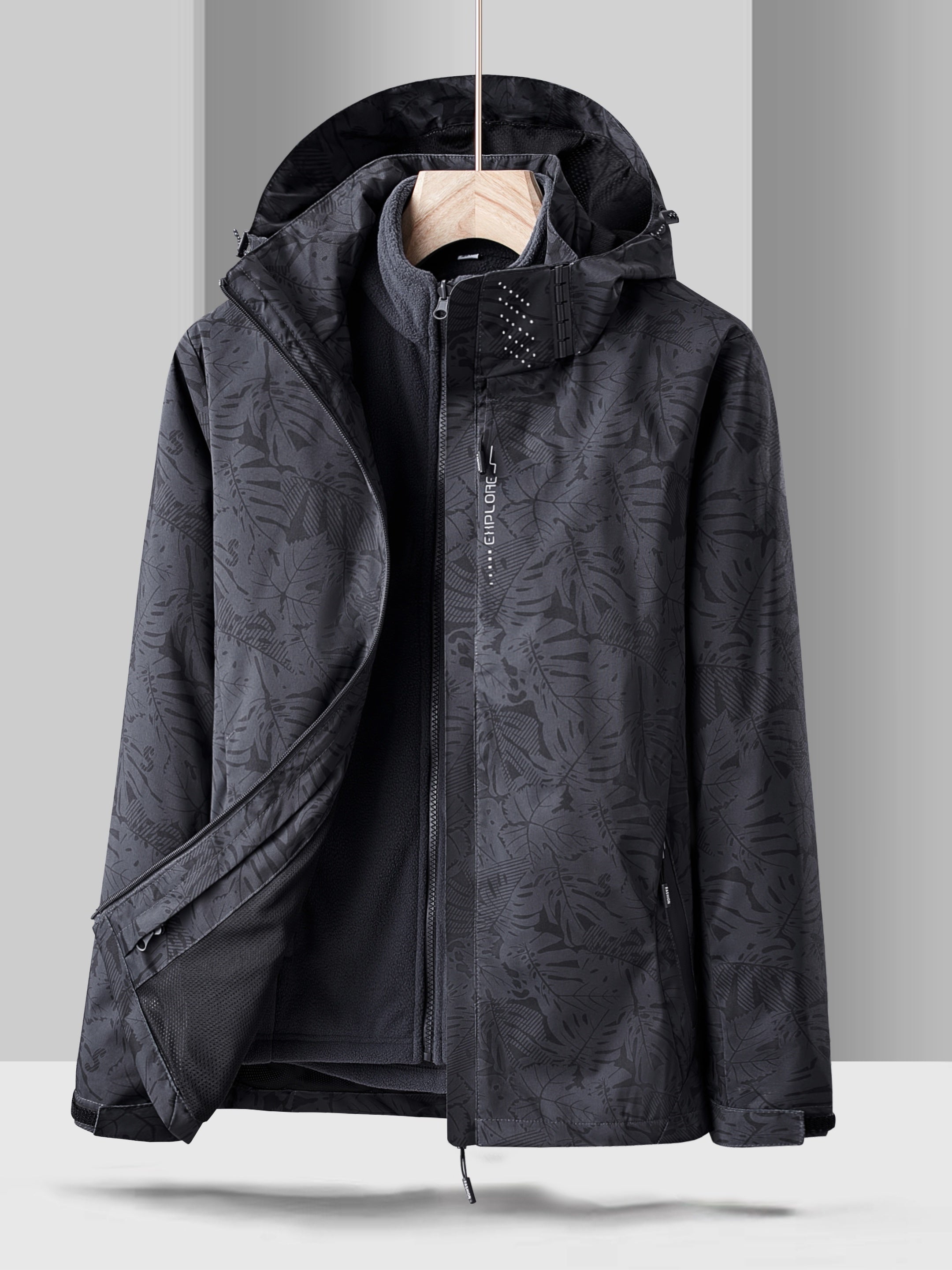Women's Leaf Print Ski Jacket, Waterproof Soft Shell Hooded Snow Coat
