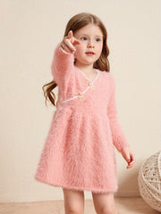 Girls V Neck Knitted Dress Long Sleeve Casual Dress Kids Spring Fall