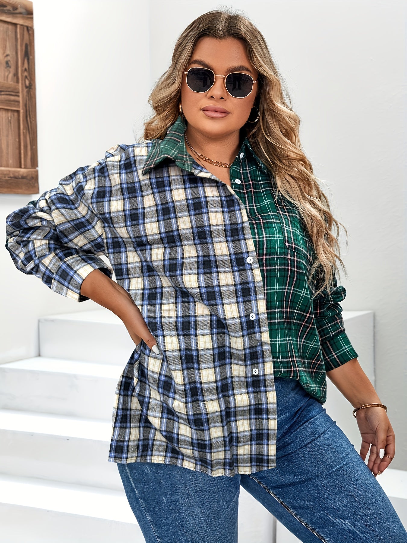  Casual Blouse Women's Plus Colorblock Plaid Print Long Sleeve