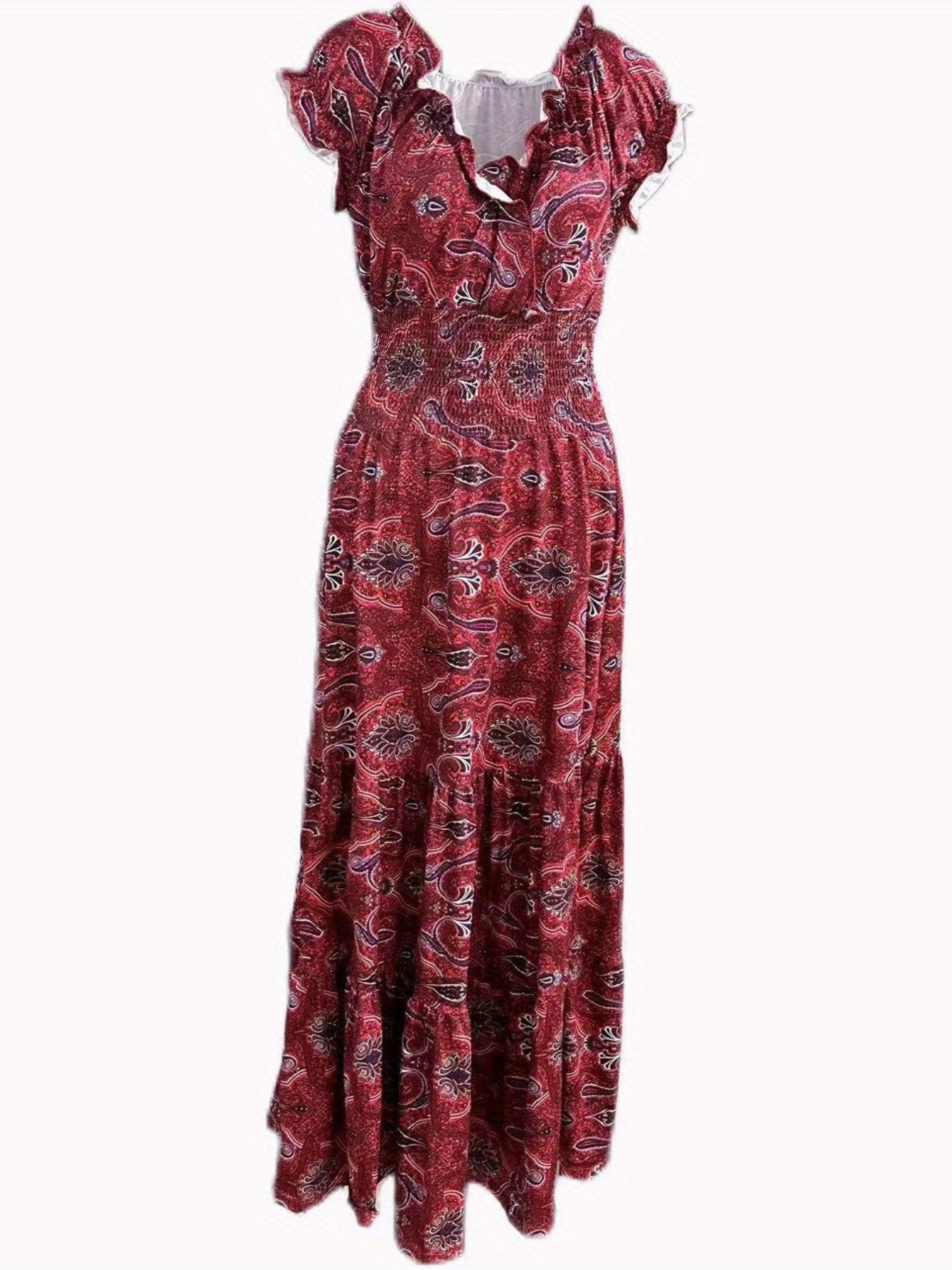  Floral Print Bubble Sleeve V Neck Nipped Waist Maxi Dress