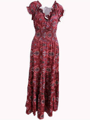  Floral Print Bubble Sleeve V Neck Nipped Waist Maxi Dress