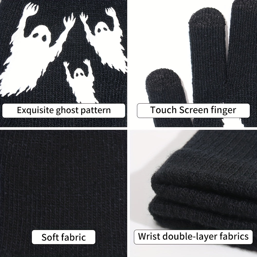 Halloween Ghost Pattern Touch Screen Gloves - Windproof Knitted Gloves