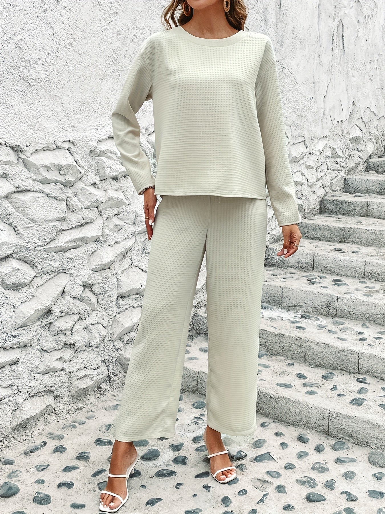 Solid Waffle Two-piece Set Crew Neck Long Sleeve Tops & Drawstring Wide Leg Pant