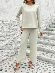 Solid Waffle Two-piece Set Crew Neck Long Sleeve Tops & Drawstring Wide Leg Pant
