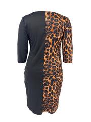 Casual Dress Women's Plus Colorblock Leopard Print Long Sleeve