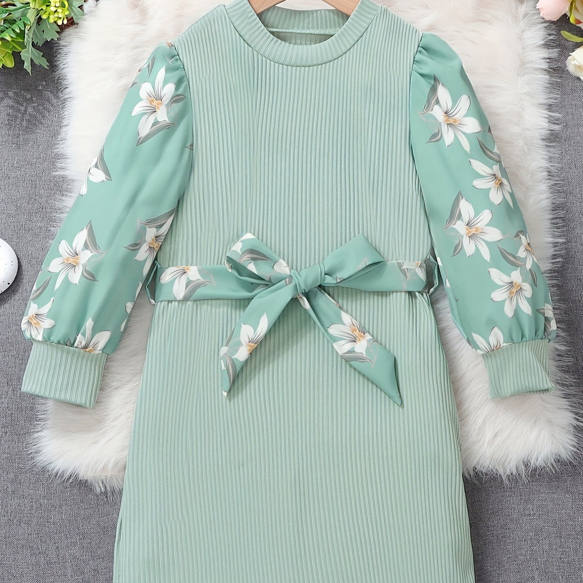 Floral Colorblock Long Sleeve Casual Dress Set with Belt