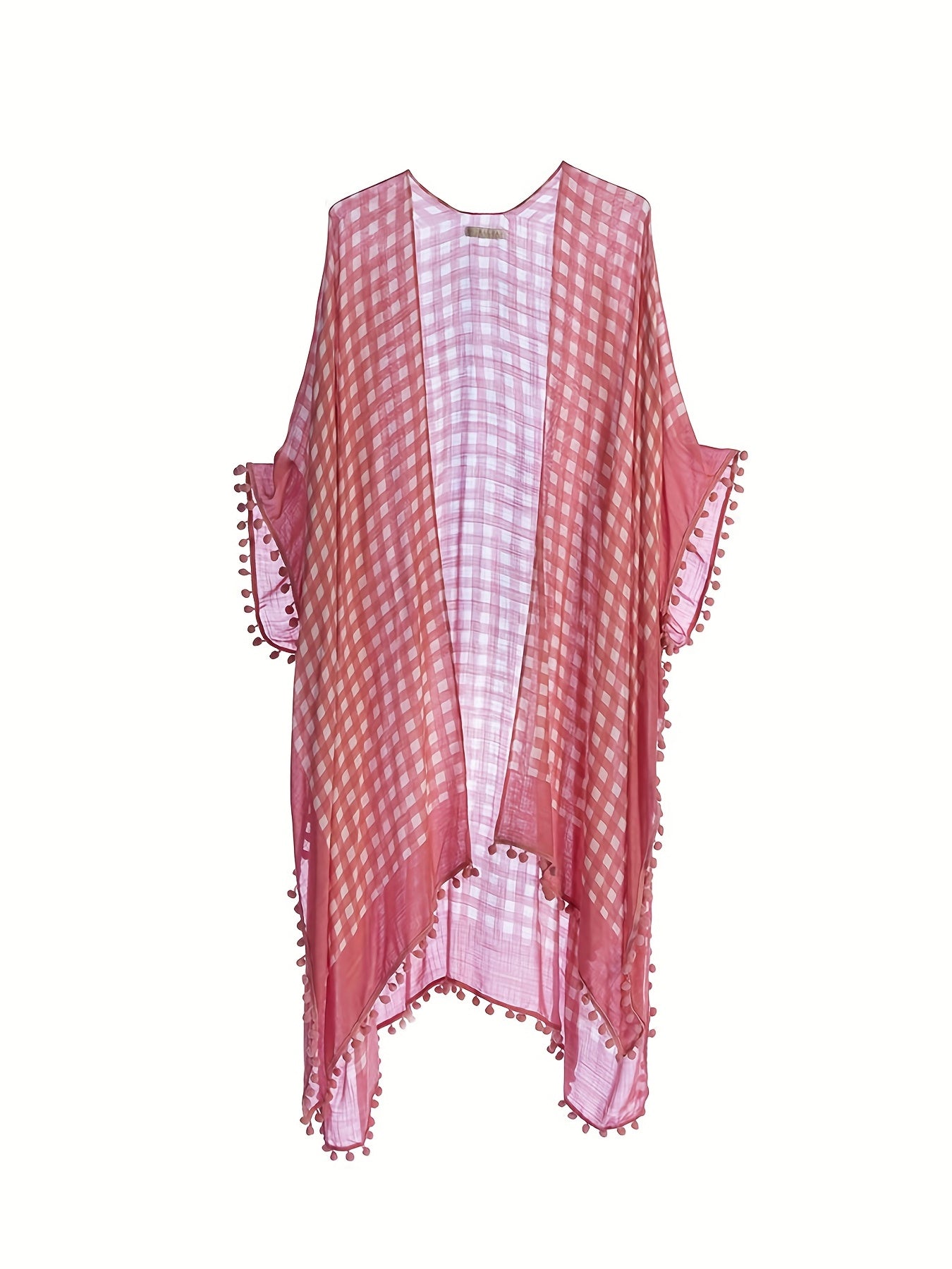  Gingham Print Pompom Trim Bat Sleeve Cover Up