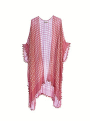  Gingham Print Pompom Trim Bat Sleeve Cover Up