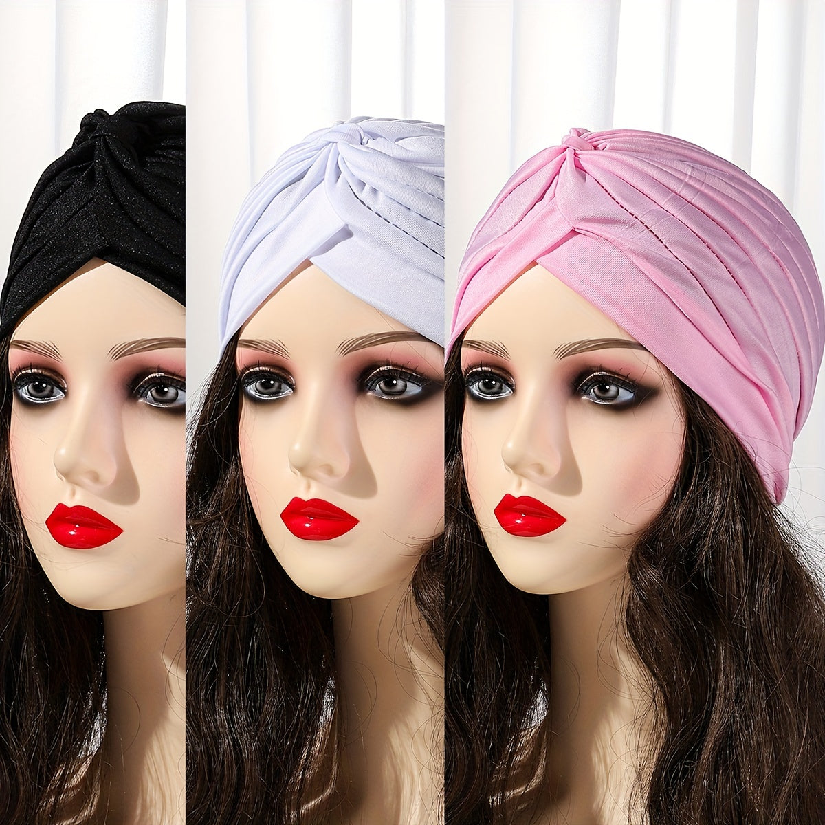 3pcs Set Satin Pleated Turban Cap Solid Head Wraps Elastic Bonnet Head Scarf