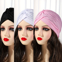 3pcs Set Satin Pleated Turban Cap Solid Head Wraps Elastic Bonnet Head Scarf