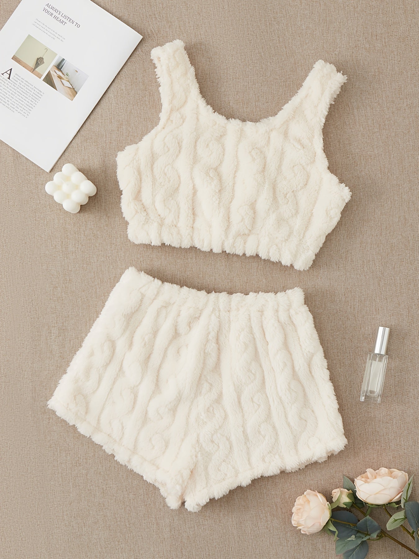 Flannel Pajama Set Sleeveless Crew Neck Top & Shorts Women's Sleepwear