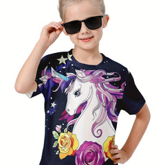 Girls 3D Unicorn Short Sleeve T-shirt - Summer Clothes Gift