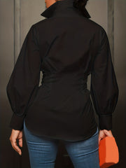  Casual Blouse Button Up Lantern Sleeve Turn Down Collar Blouse