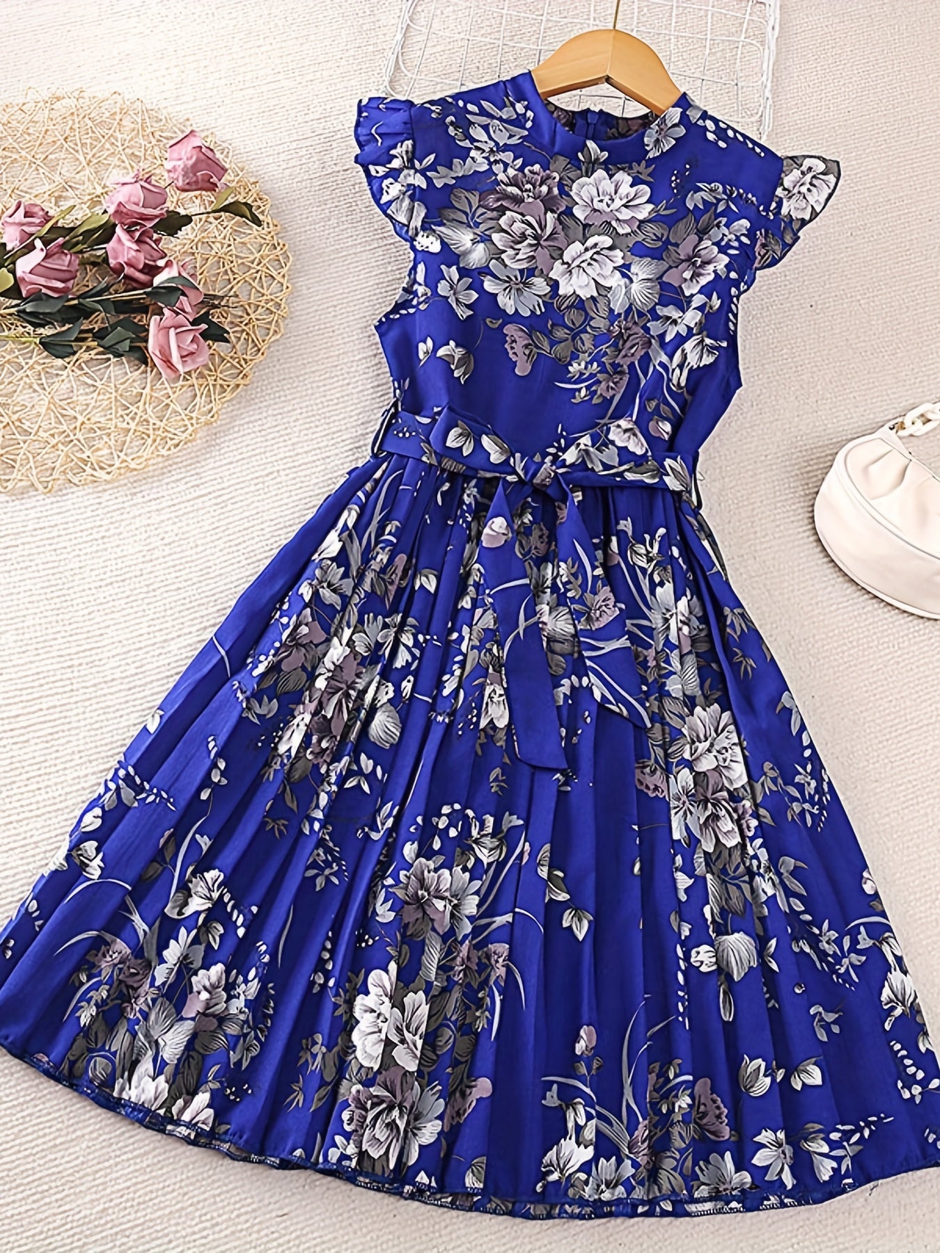Girls Floral Graphic Pleated Dress For Party Beach Vacation